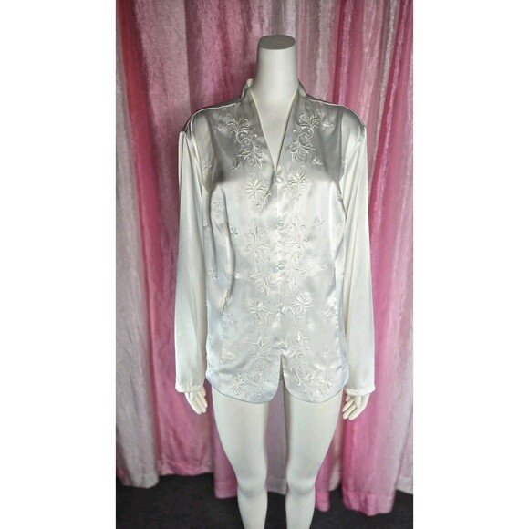 Laura Scott White Satin Embroidery Pearl Beaded Button Up Blouse Size 22 Plus - Picture 2 of 11